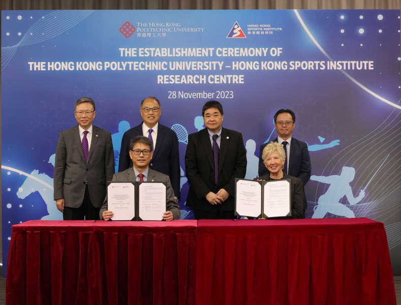 <p>Witnessed by Dr Lam Tai-fai GBS JP, Council Chairman of PolyU (back row, 2<sup>nd</sup> from left); Prof Teng Jin-Guang JP, President (back row, 1<sup>st</sup> from left); the HKSI representatives including Mr Tony Choi MH Chief Executive Designate (back row, 2<sup>nd</sup> from right) and Dr Raymond So, Director of Elite Training Science &amp; Technology (back row, 1<sup>st</sup> from right), Prof Christopher Chao, Vice President (Research and Innovation) of PolyU (front row,&nbsp;left)&nbsp;and Dr Trisha Leahy SBS BBS, Chief Executive of the HKSI (front row, right), signed the MOU to officially establish the PolyU &ndash; HKSI Research Centre.&nbsp;(photo: The Hong Kong Polytechnic University)</p>
